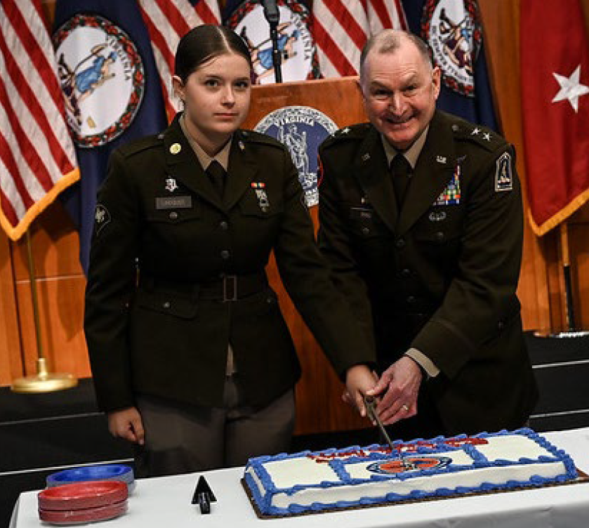 Maj. Gen. James W. Ring, the Adjutant General of Virginia, and Spc.Hope Lindquist, the youngest Soldier in attendance, ceremonially cut a cake to celebrate the Virginia National Guard’s 419th birthday May 14, 2026, in Richmond, Virginia.